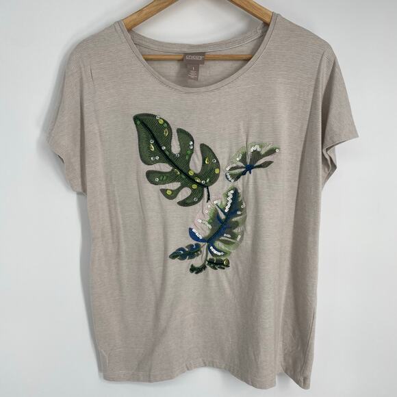 Chico's Tops - Chico’s Top Women’s Medium Tropical Palm Leaf Beaded Sequins Coastal Resortwear